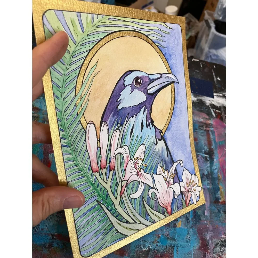 original painting raven crow illustration style artwork signed Ooak art handmade - Picture 6 of 8